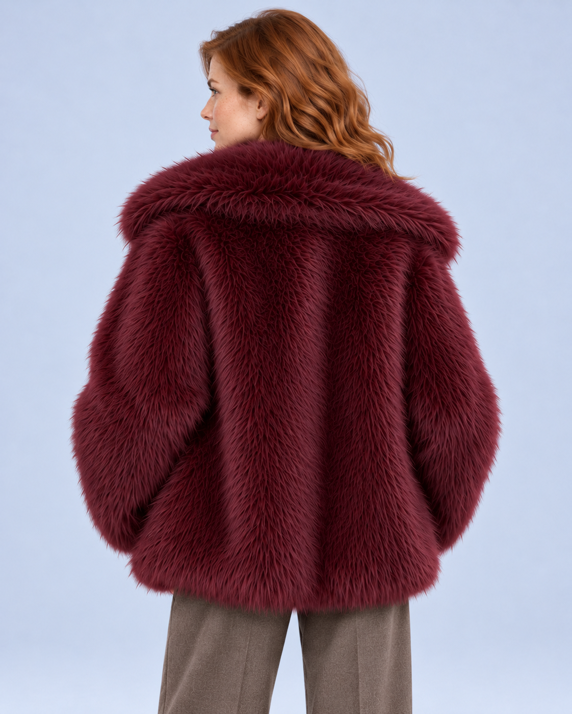 Ellis & Rowe women's plush coat, Burgundy, back studio view