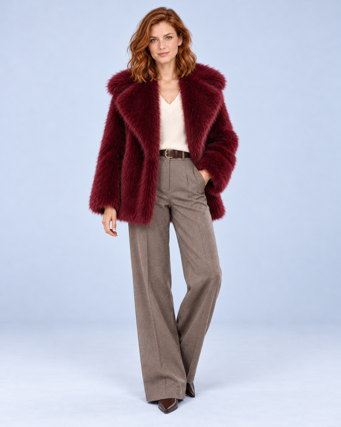 Ellis & Rowe women's plush coat, Burgundy, full-length studio view