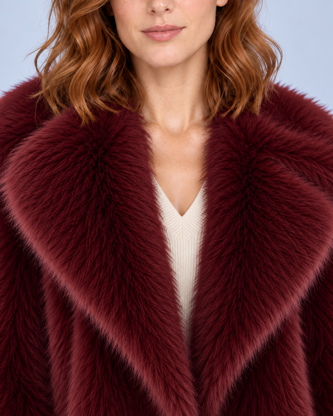 Ellis & Rowe women's plush coat, Burgundy, collar-detail studio view