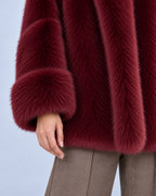 Ellis & Rowe women's plush coat, Burgundy, cuff-detail studio view