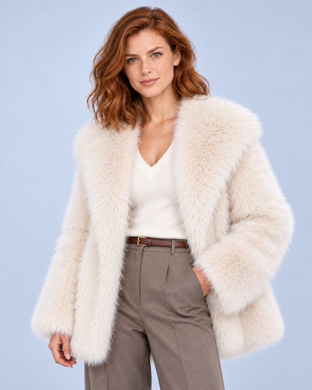 Ellis & Rowe women's plush coat, White, open-front studio view