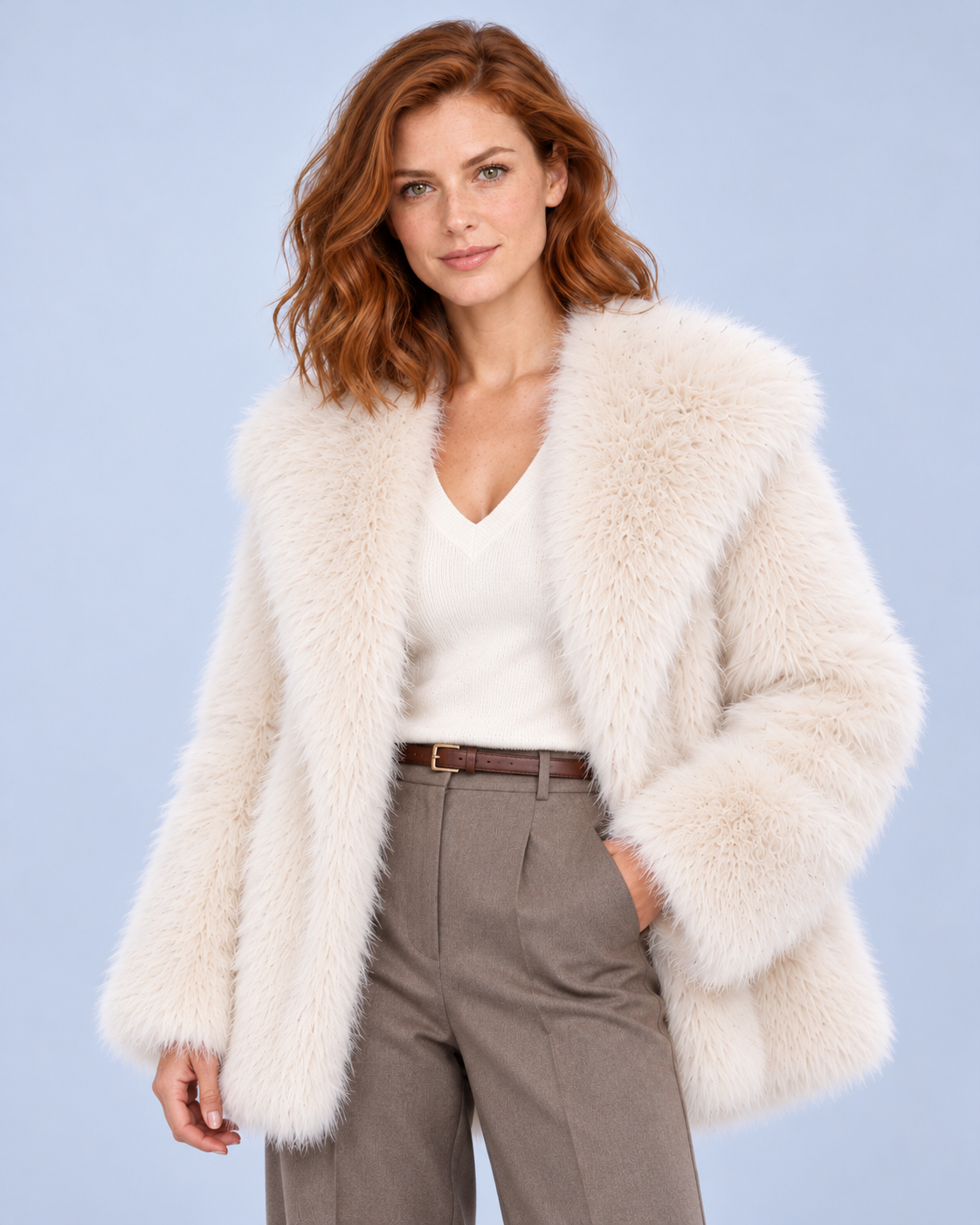 Ellis & Rowe women's plush coat, White, open-front studio view