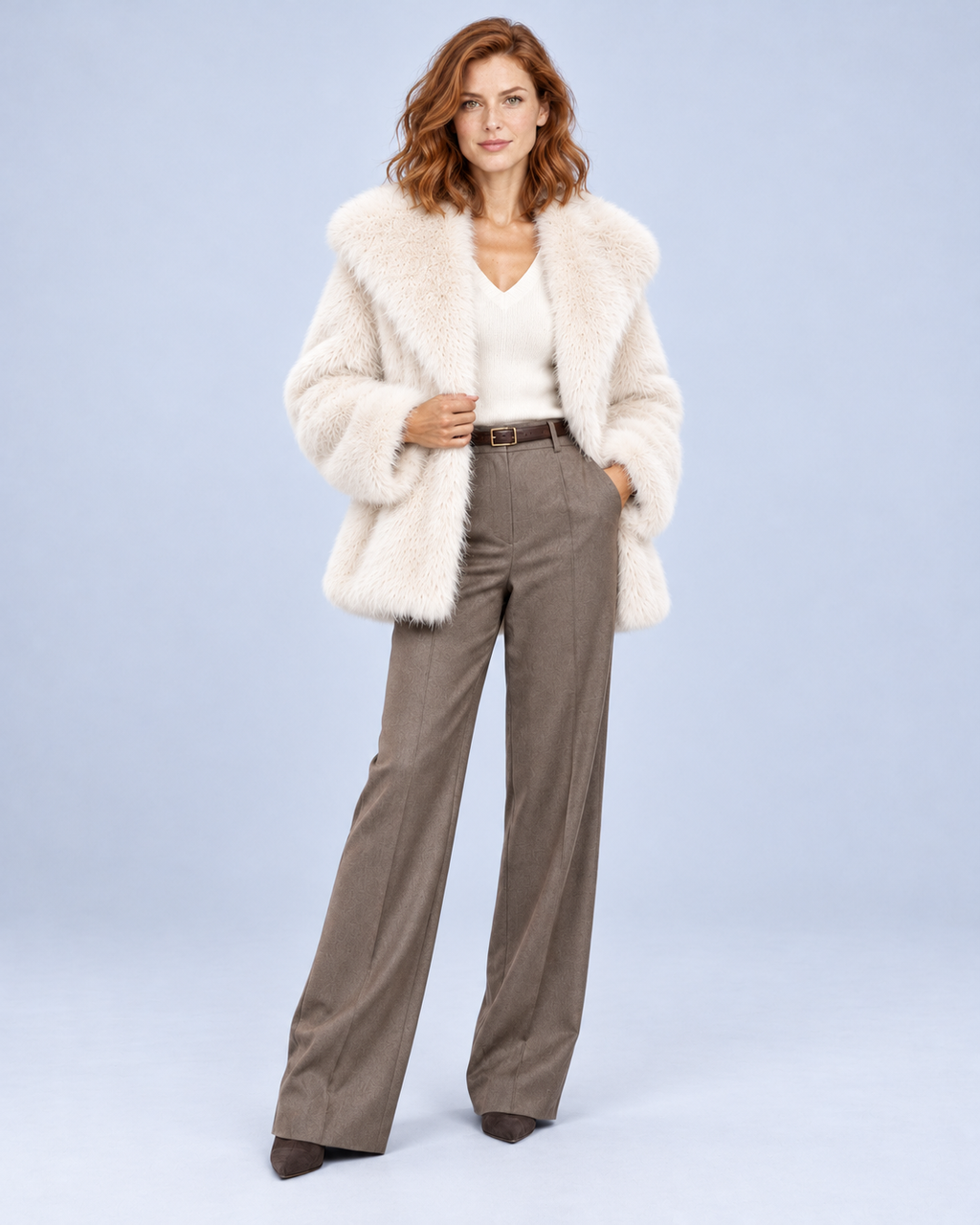 Ellis & Rowe women's plush coat, White, full-length studio view
