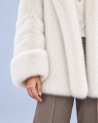 Ellis & Rowe women's plush coat, White, cuff-detail studio view