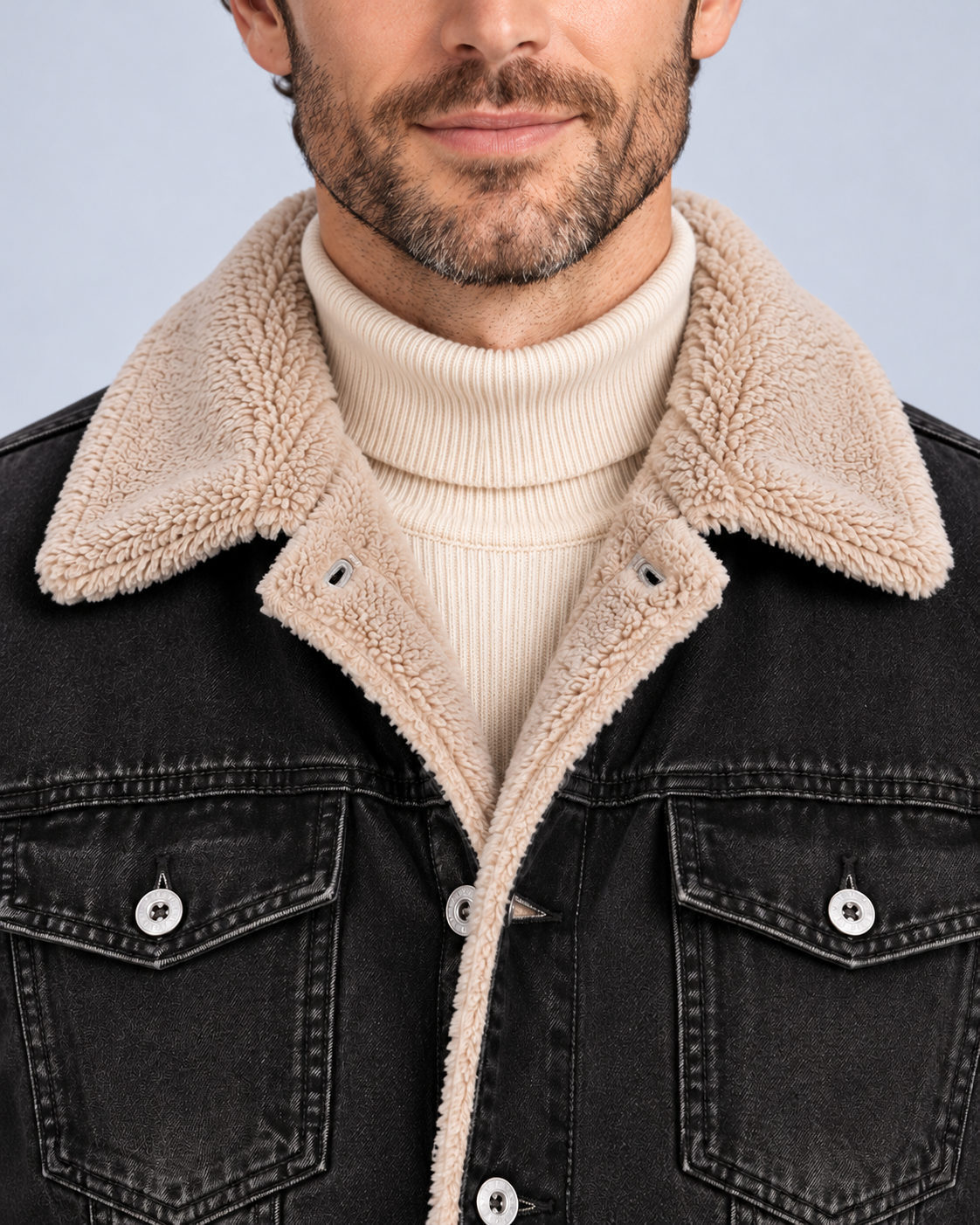 Ellis & Rowe sherpa-lined denim jacket, Black, collar-detail studio photograph