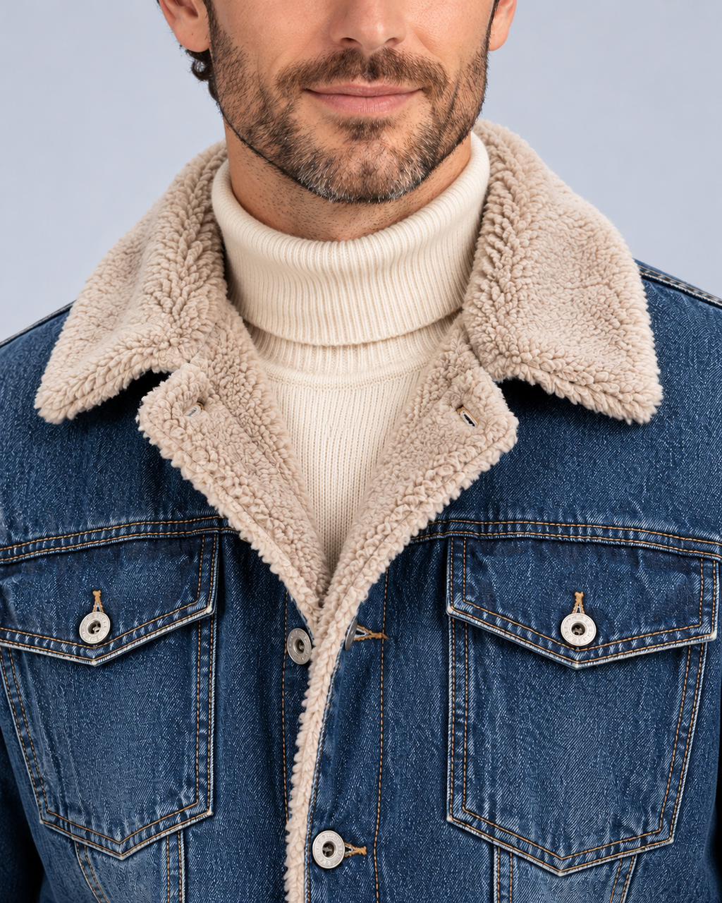 Ellis & Rowe sherpa-lined denim jacket, Dark Blue, collar-detail studio photograph
