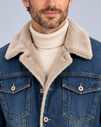 Ellis & Rowe sherpa-lined denim jacket, Dark Blue, collar-detail studio photograph