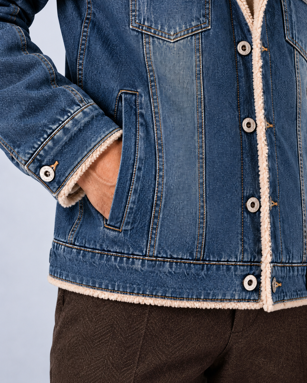 Ellis & Rowe own-model dark blue sherpa-lined denim jacket cuff and pocket detail