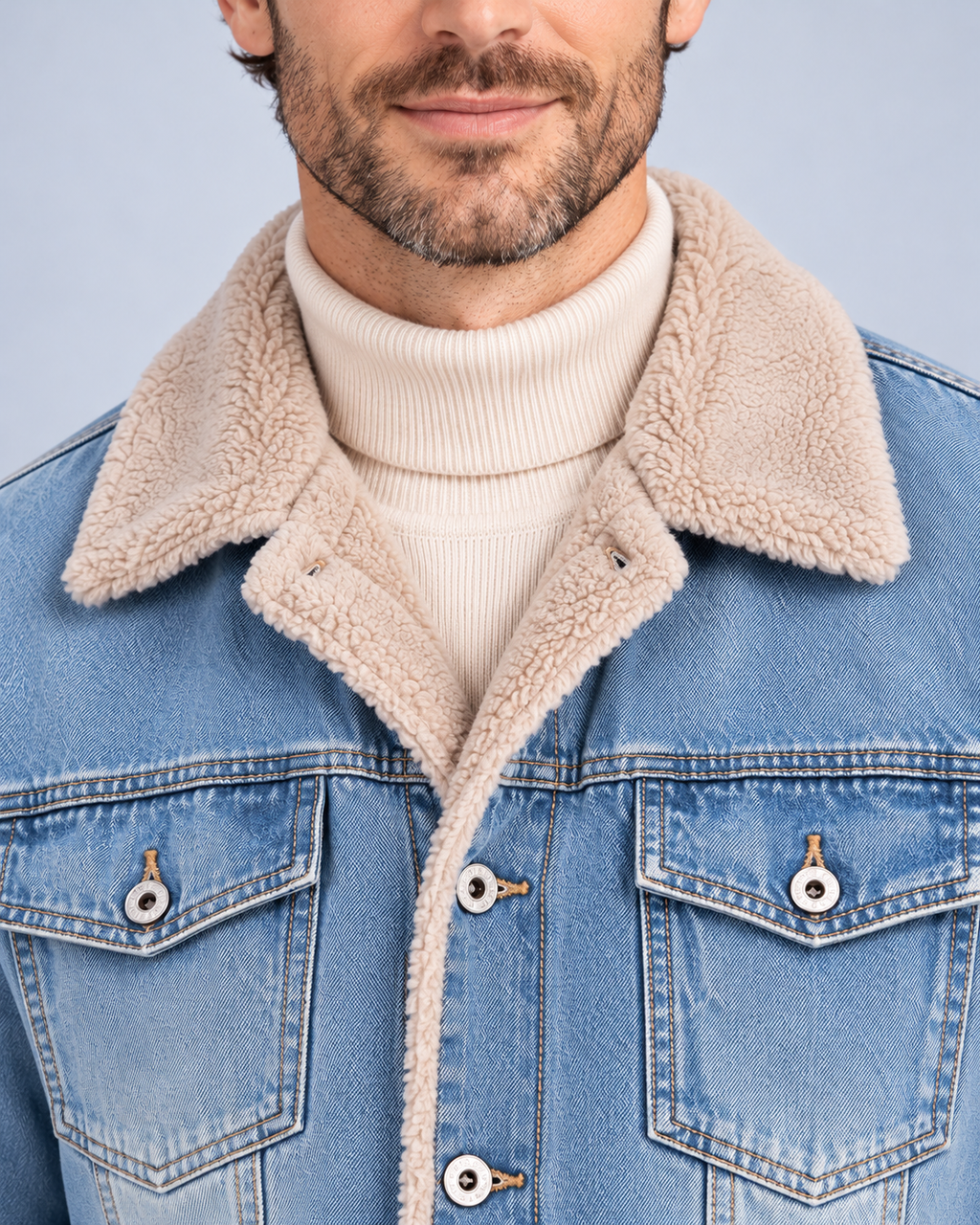Ellis & Rowe sherpa-lined denim jacket, Light Blue, collar-detail studio photograph