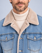 Ellis & Rowe sherpa-lined denim jacket, Light Blue, collar-detail studio photograph