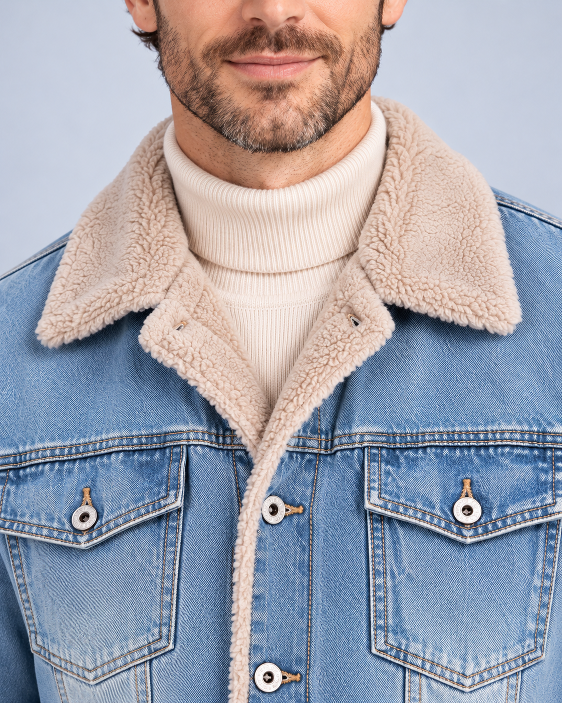 Ellis & Rowe sherpa-lined denim jacket, Light Blue, collar-detail studio photograph