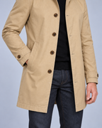 Men's Tailored Longline Button-Front Coat, beige detail on Ellis & Rowe model