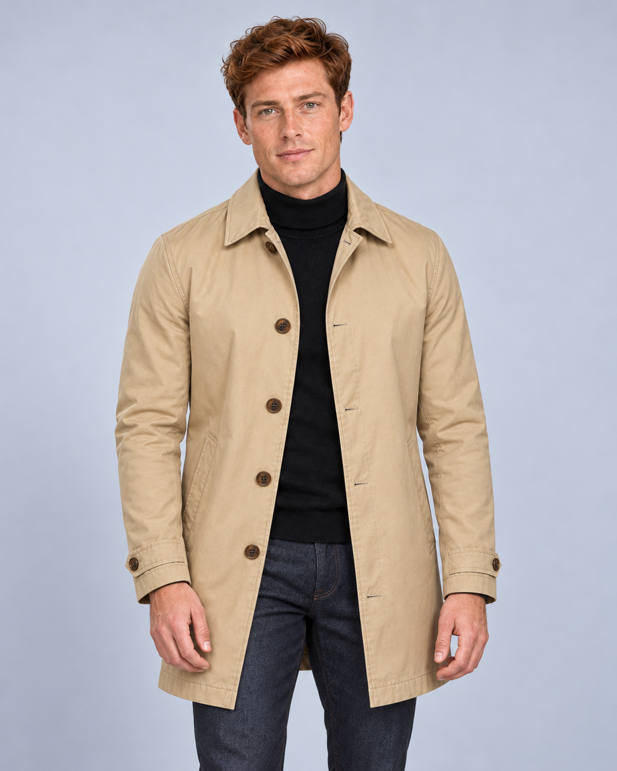 Men's Tailored Longline Button-Front Coat, beige front on Ellis & Rowe model
