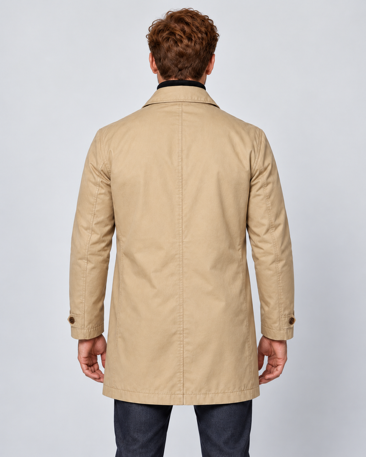Men's Tailored Longline Button-Front Coat, beige rear on Ellis & Rowe model