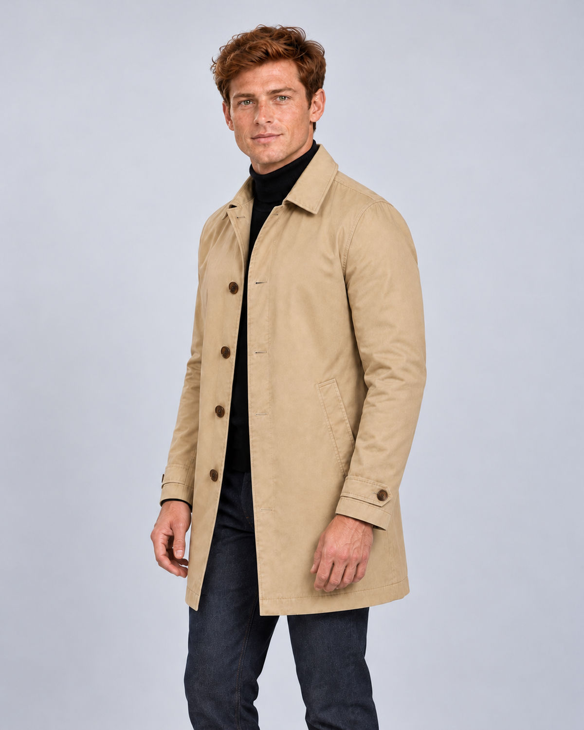 Men's Tailored Longline Button-Front Coat, beige side on Ellis & Rowe model