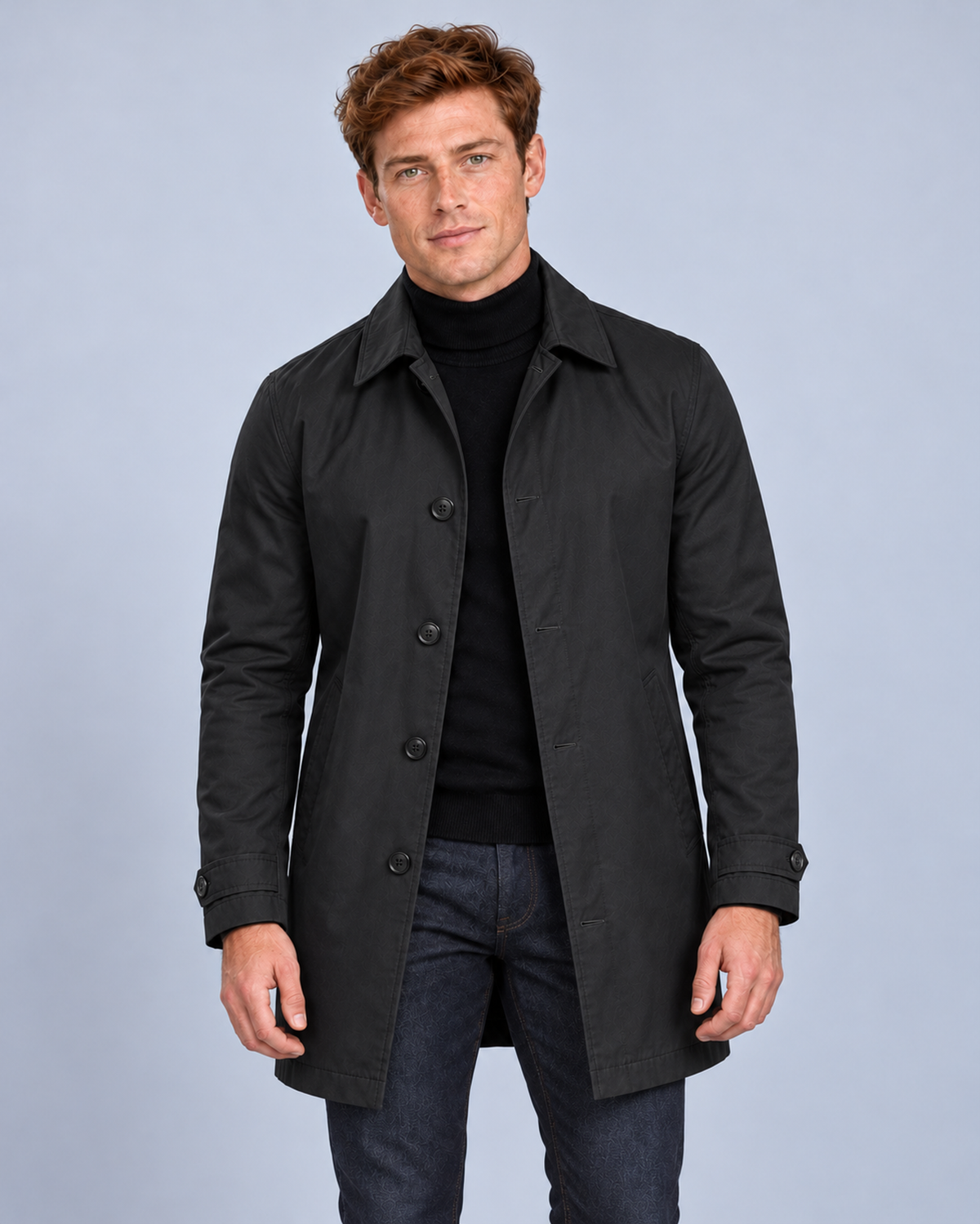 Men's Tailored Longline Button-Front Coat, black front on Ellis & Rowe model