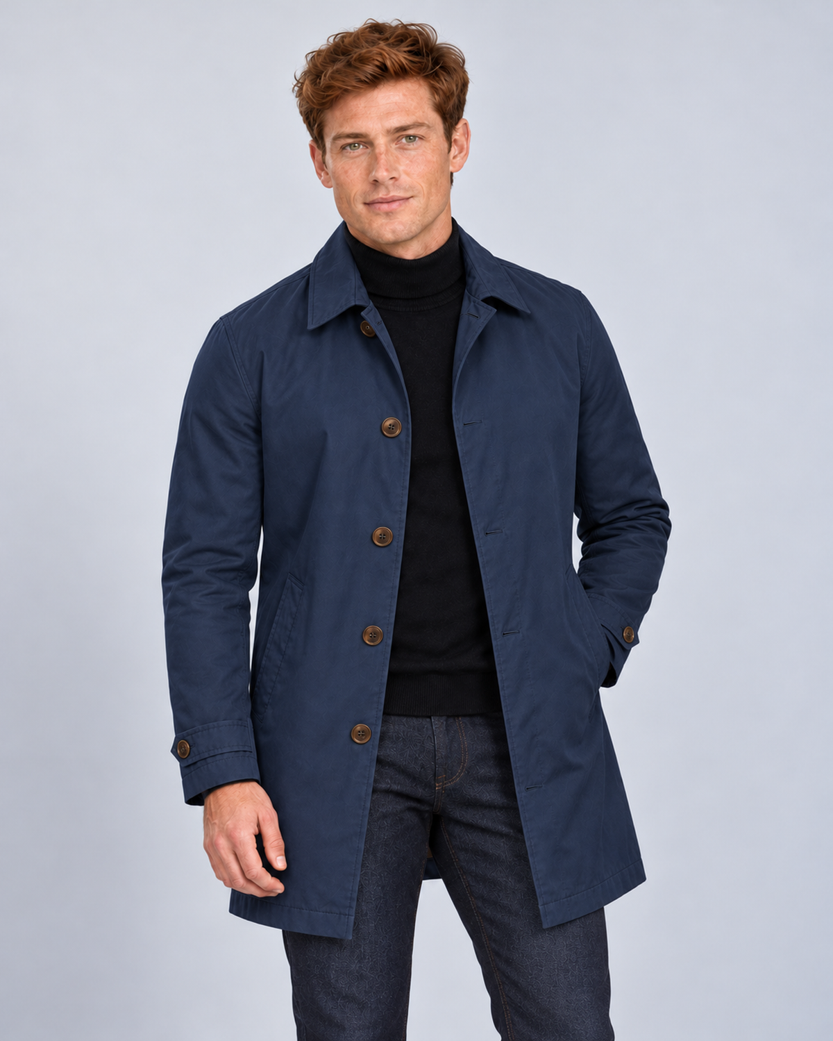 Men's Tailored Longline Button-Front Coat, navy front on Ellis & Rowe model