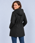 Women's black hooded check-lined raincoat, rear view