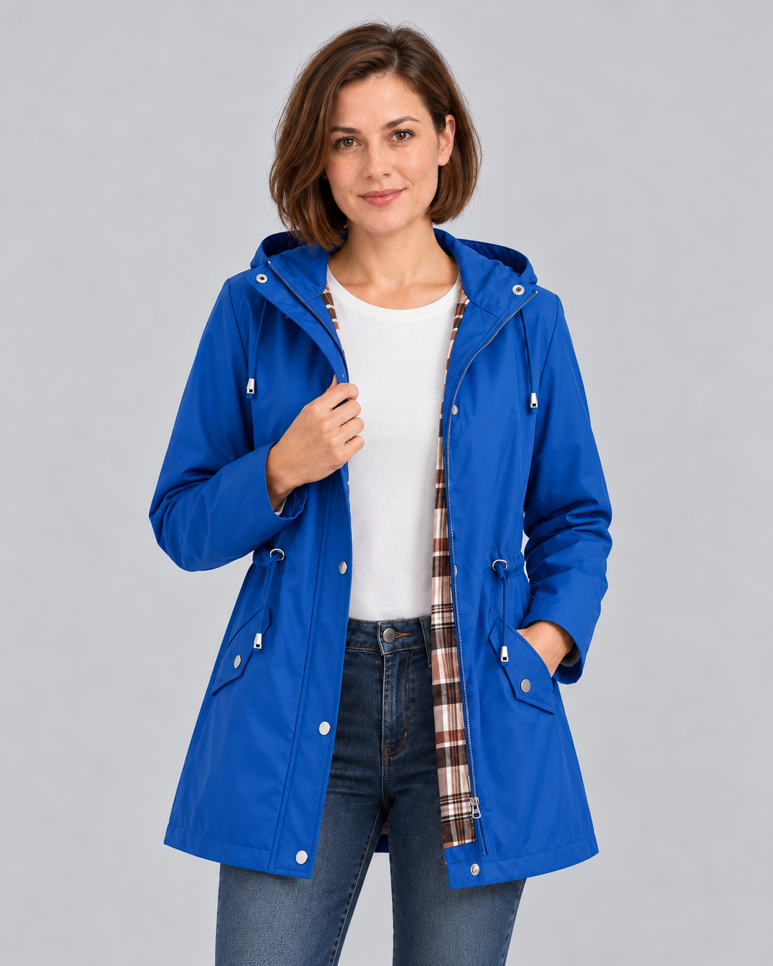 Women's blue hooded check-lined raincoat, front view