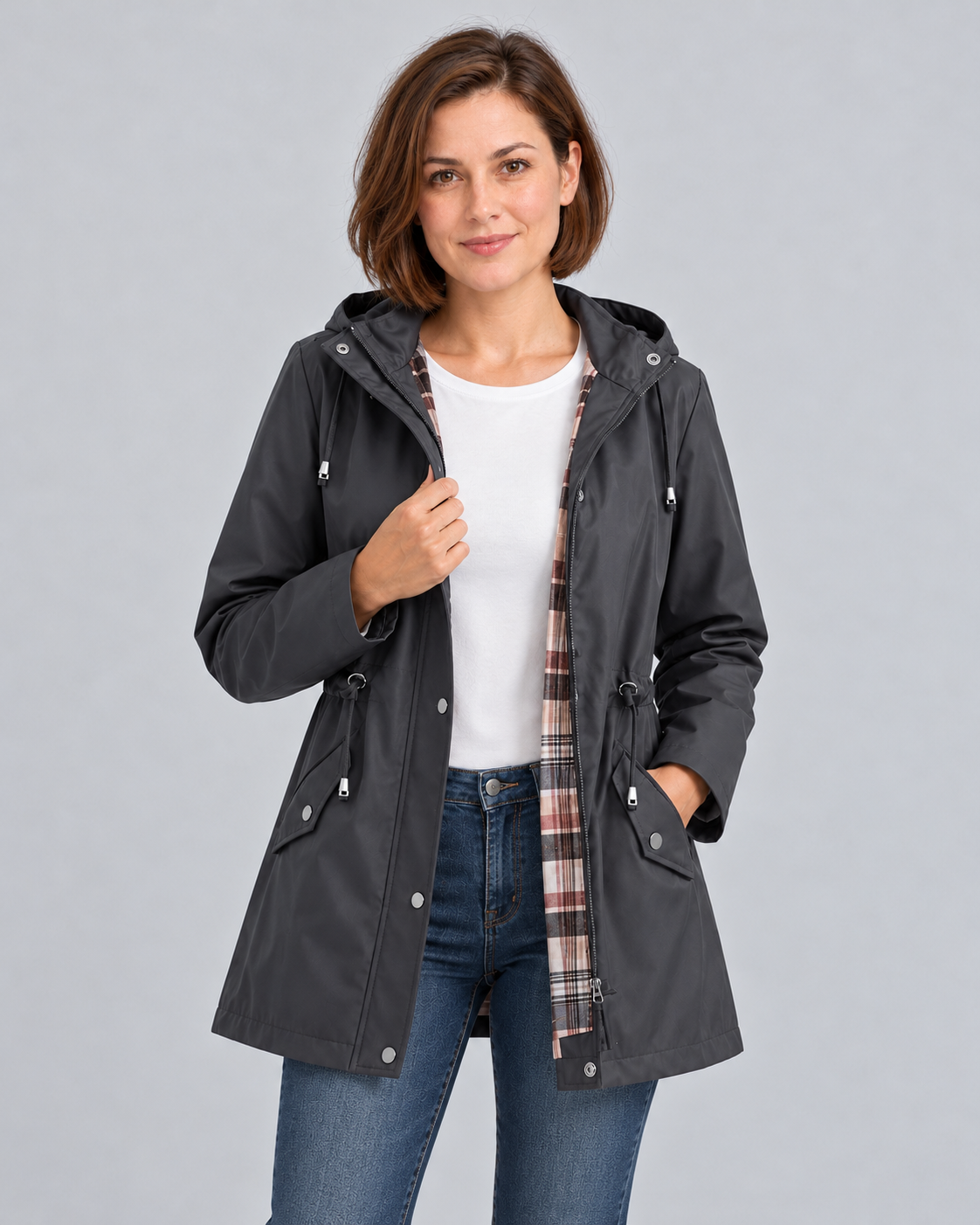 Women's dark grey hooded check-lined raincoat, front view