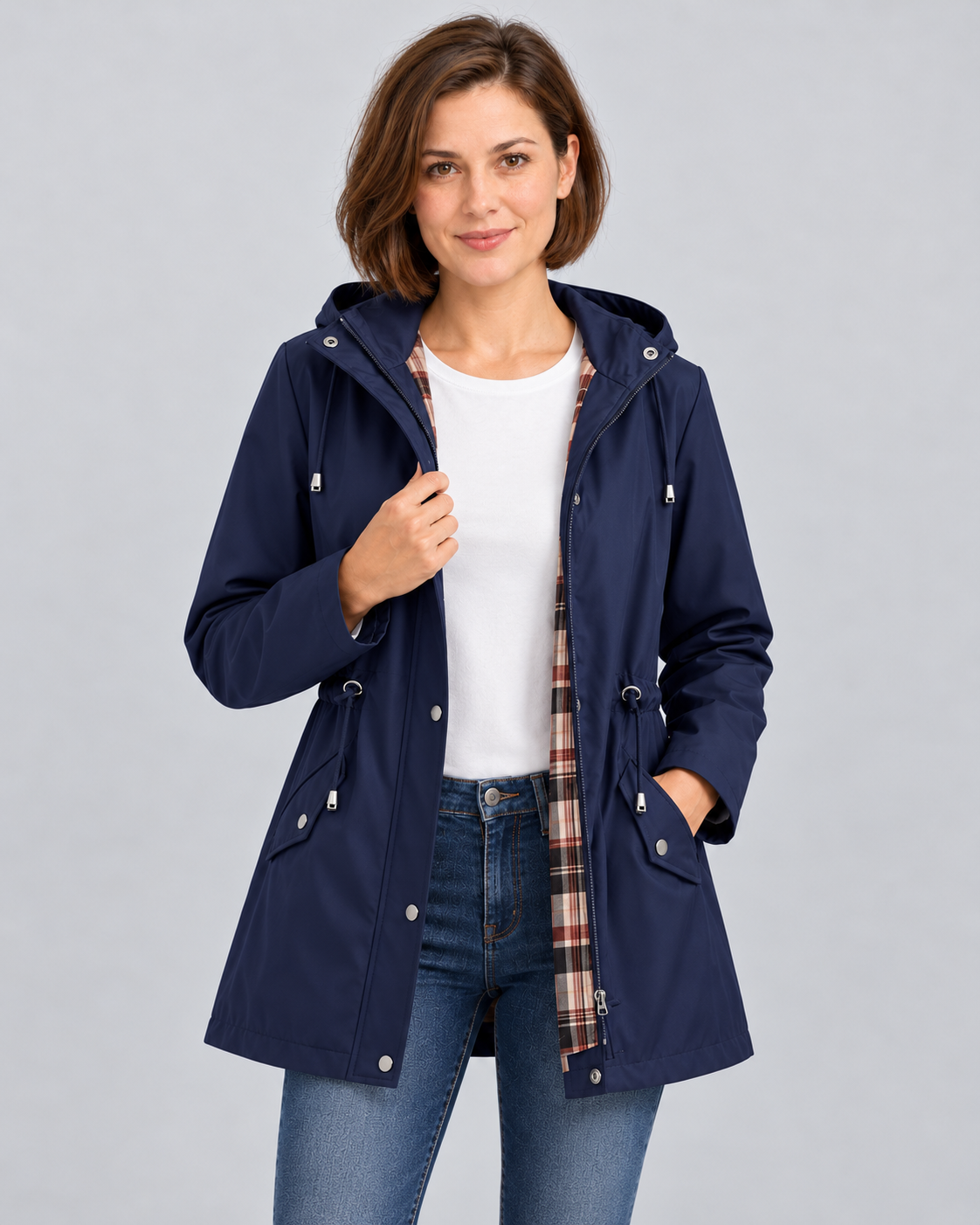 Women's navy blue hooded check-lined raincoat, front view