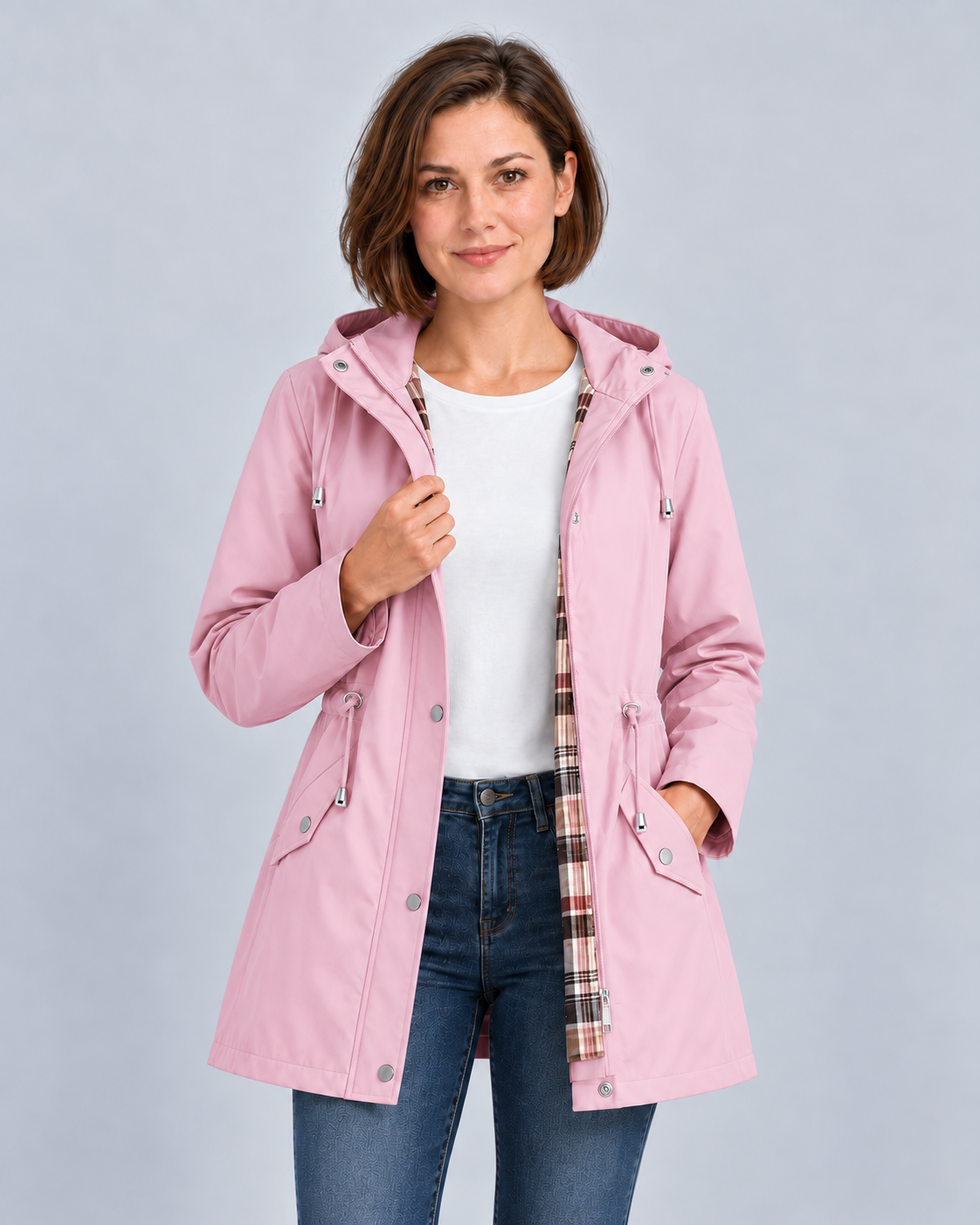 Women's pink hooded check-lined raincoat, front view