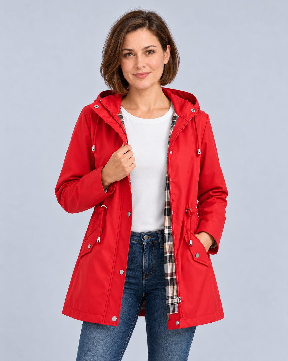 Women's red hooded check-lined raincoat, front view