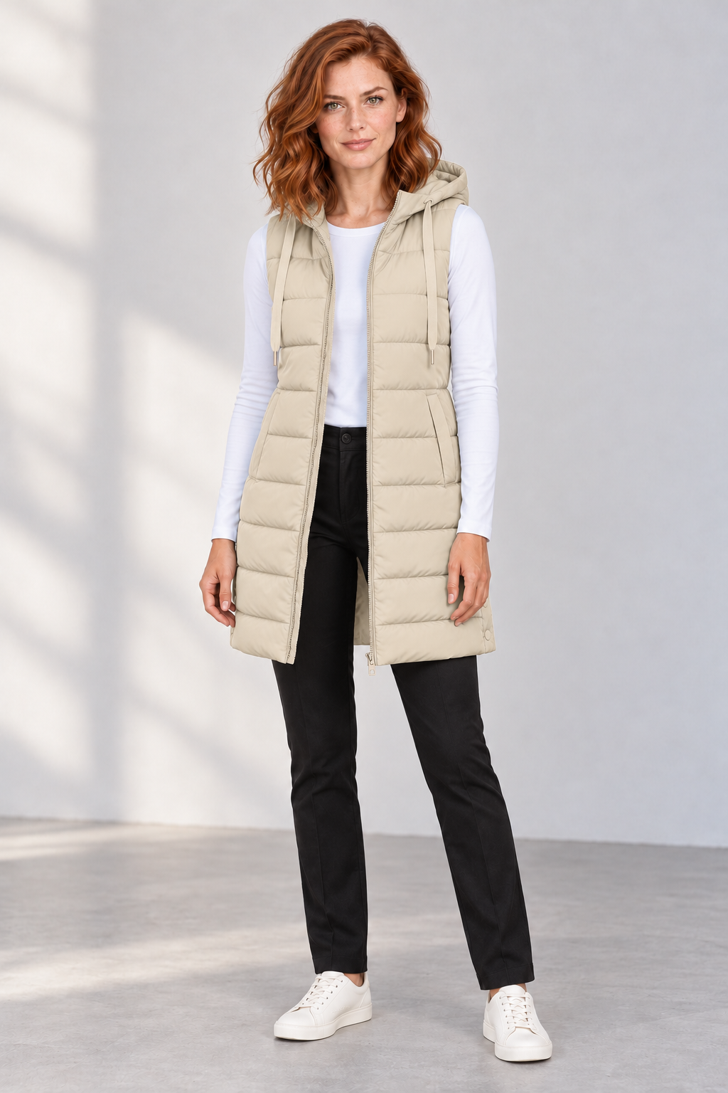 Women's Longline Hooded Zip-Up Puffer Vest in Beige, front view