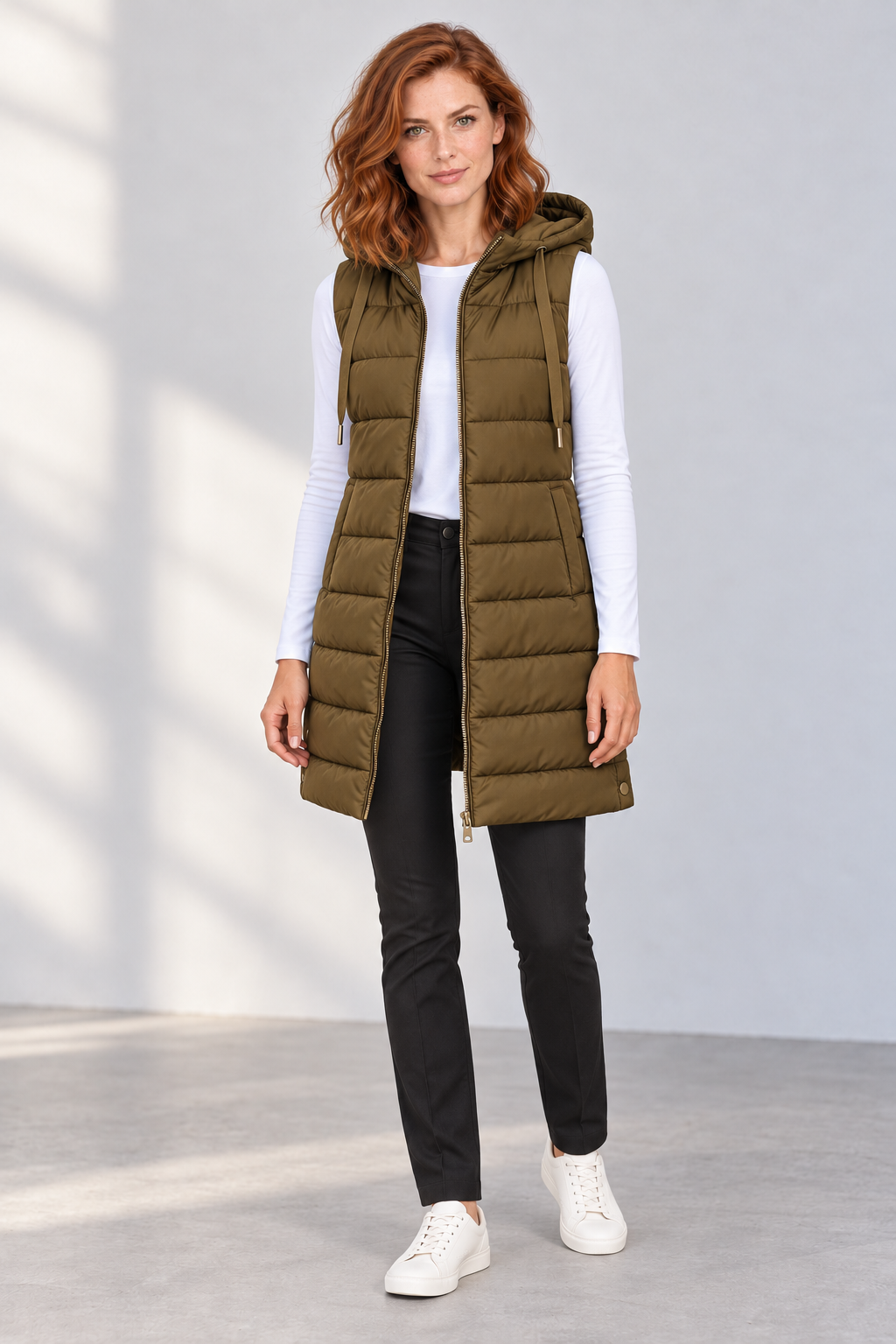 Women's Longline Hooded Zip-Up Puffer Vest in Brown, front view