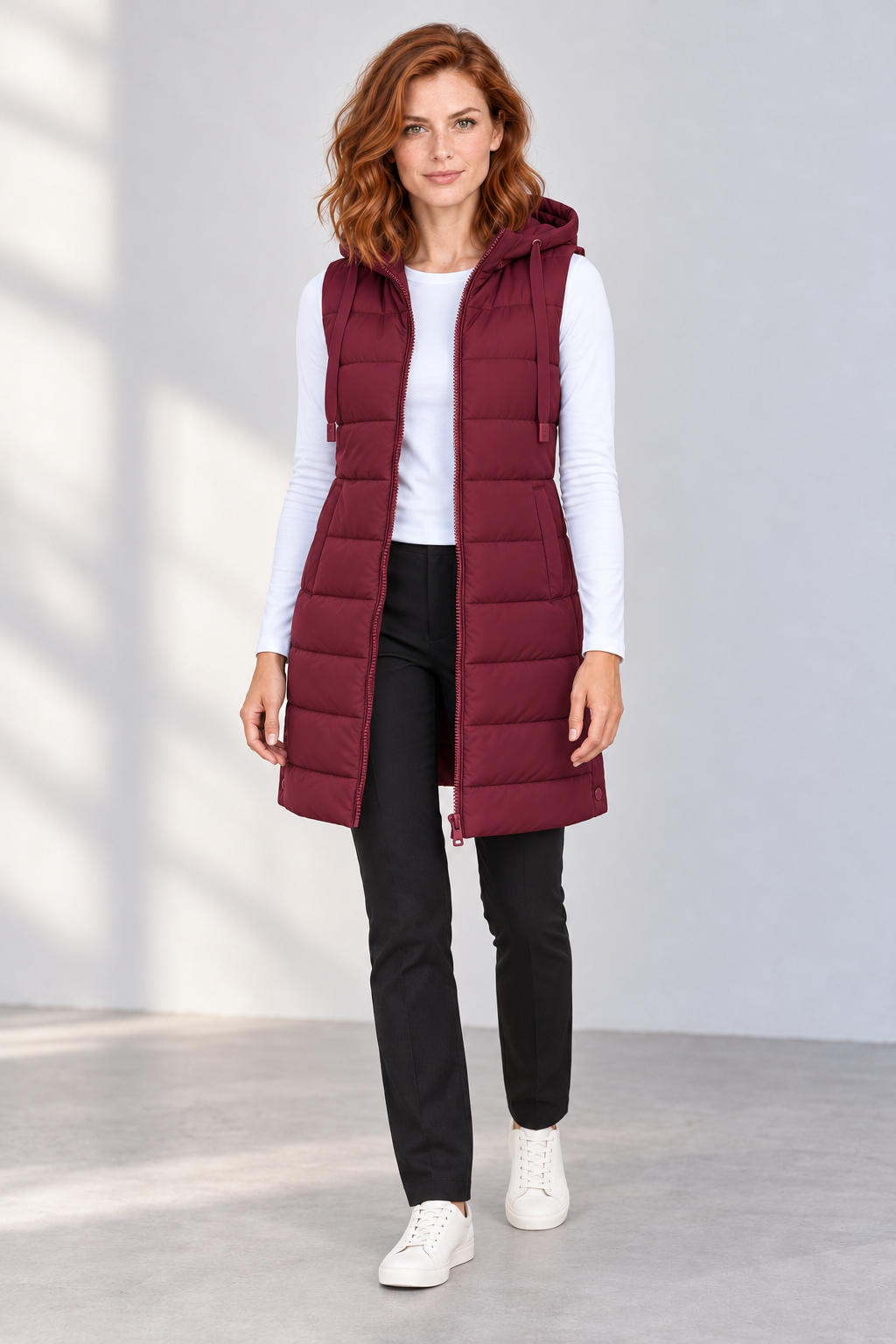 Women's Longline Hooded Zip-Up Puffer Vest in Burgundy, front view