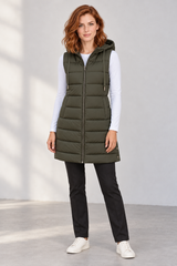 Women's Longline Hooded Zip-Up Puffer Vest with Pockets