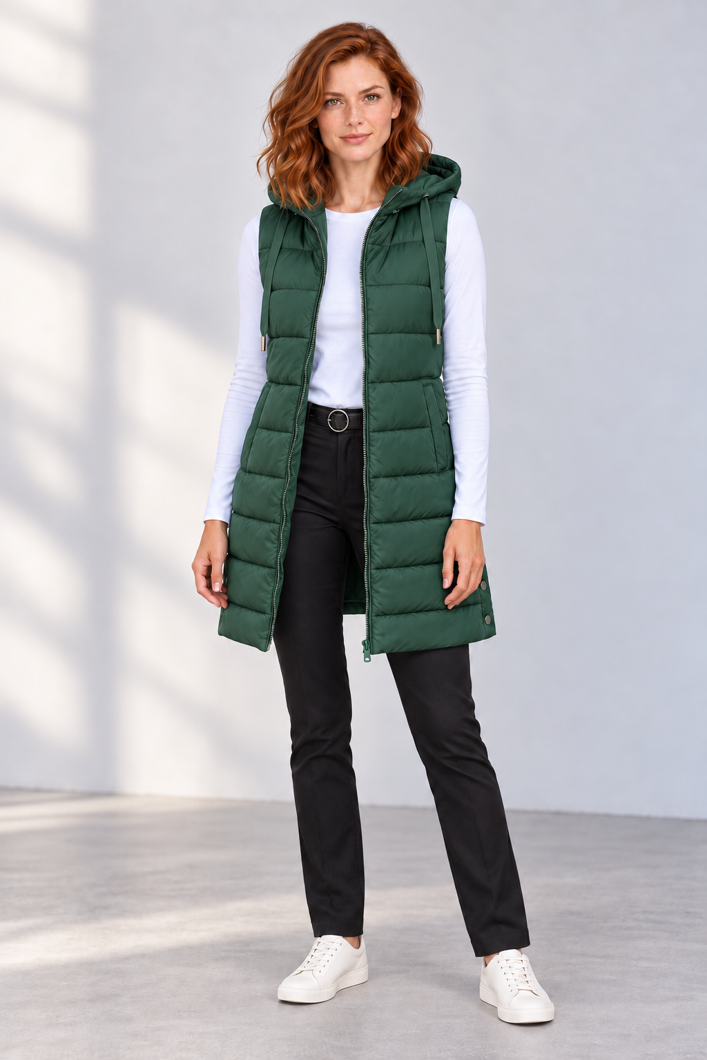 Women's Longline Hooded Zip-Up Puffer Vest in Green, front view