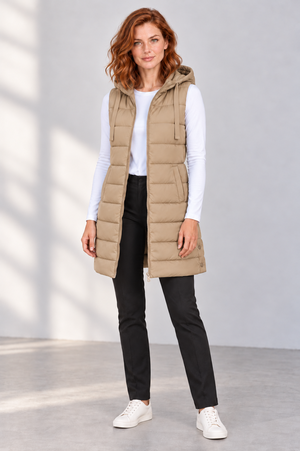 Women's Longline Hooded Zip-Up Puffer Vest in Light Brown, front view