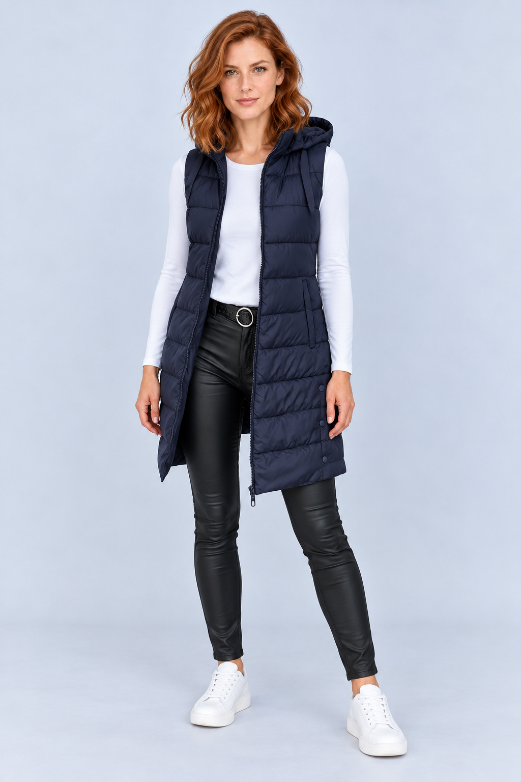 Women's Longline Hooded Zip-Up Puffer Vest in Navy, front view