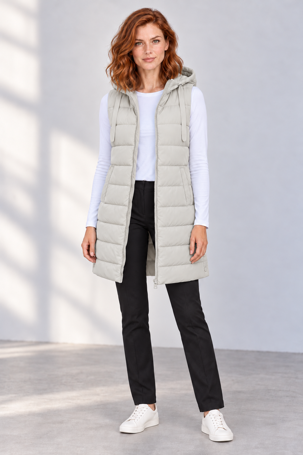 Women's Longline Hooded Zip-Up Puffer Vest in Off White, front view