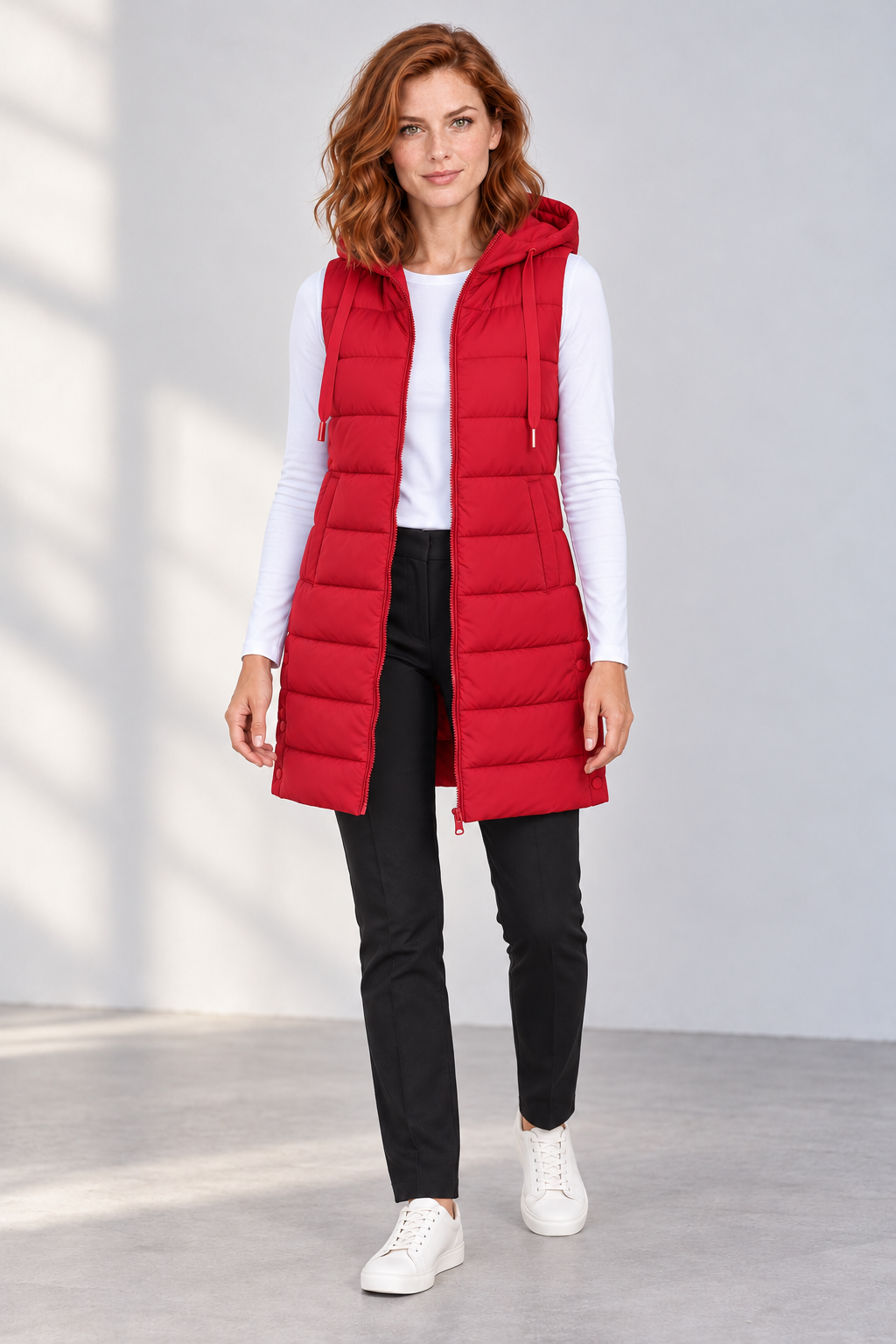 Women's Longline Hooded Zip-Up Puffer Vest in Red, front view
