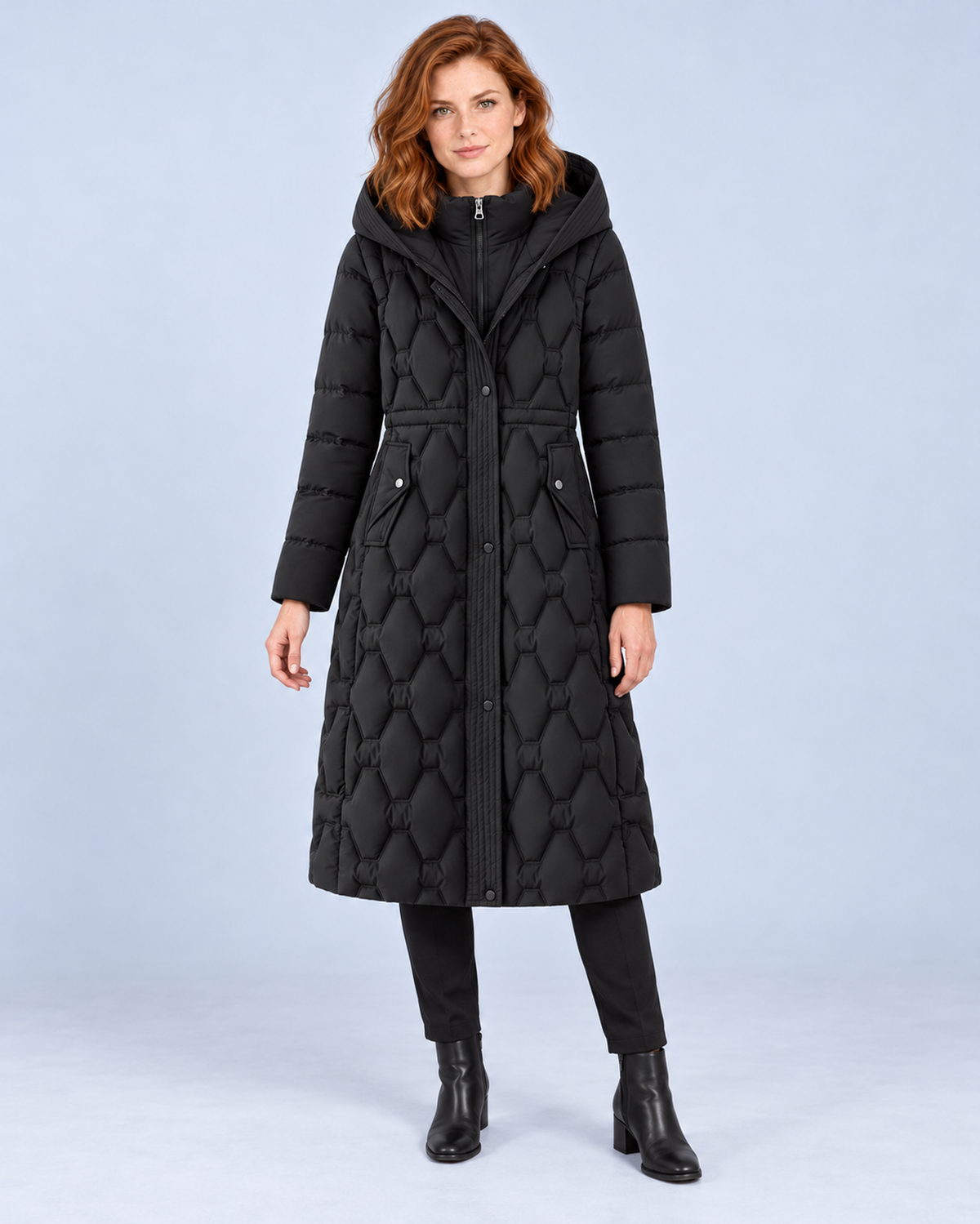 Women's longline hooded quilted down coat in black, front styling view on ER-W05