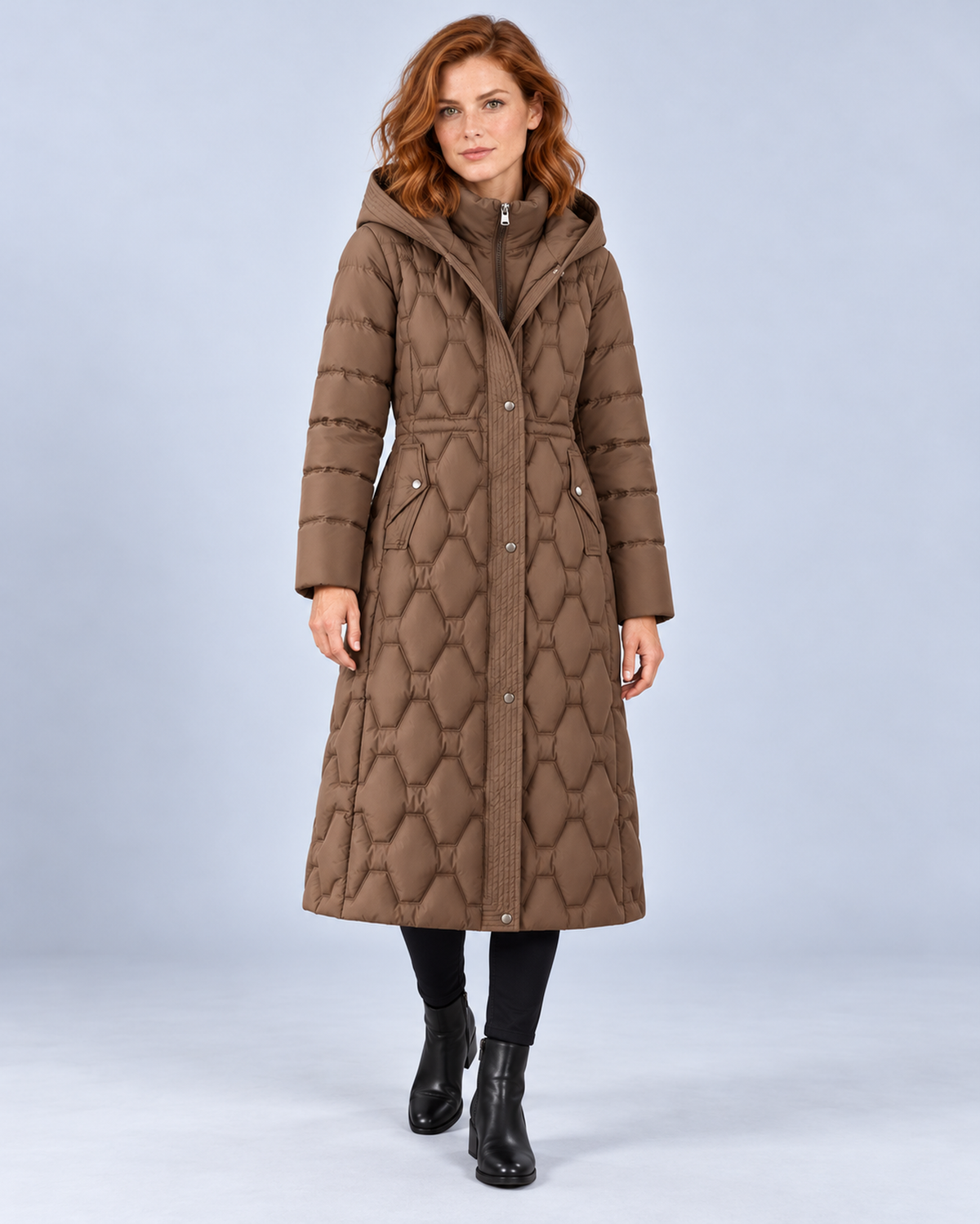 Women's longline hooded quilted down coat in brown, front styling view on ER-W05