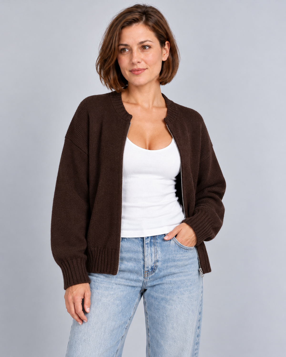 Women's drop-shoulder zip-front knit cardigan in brown, front studio view
