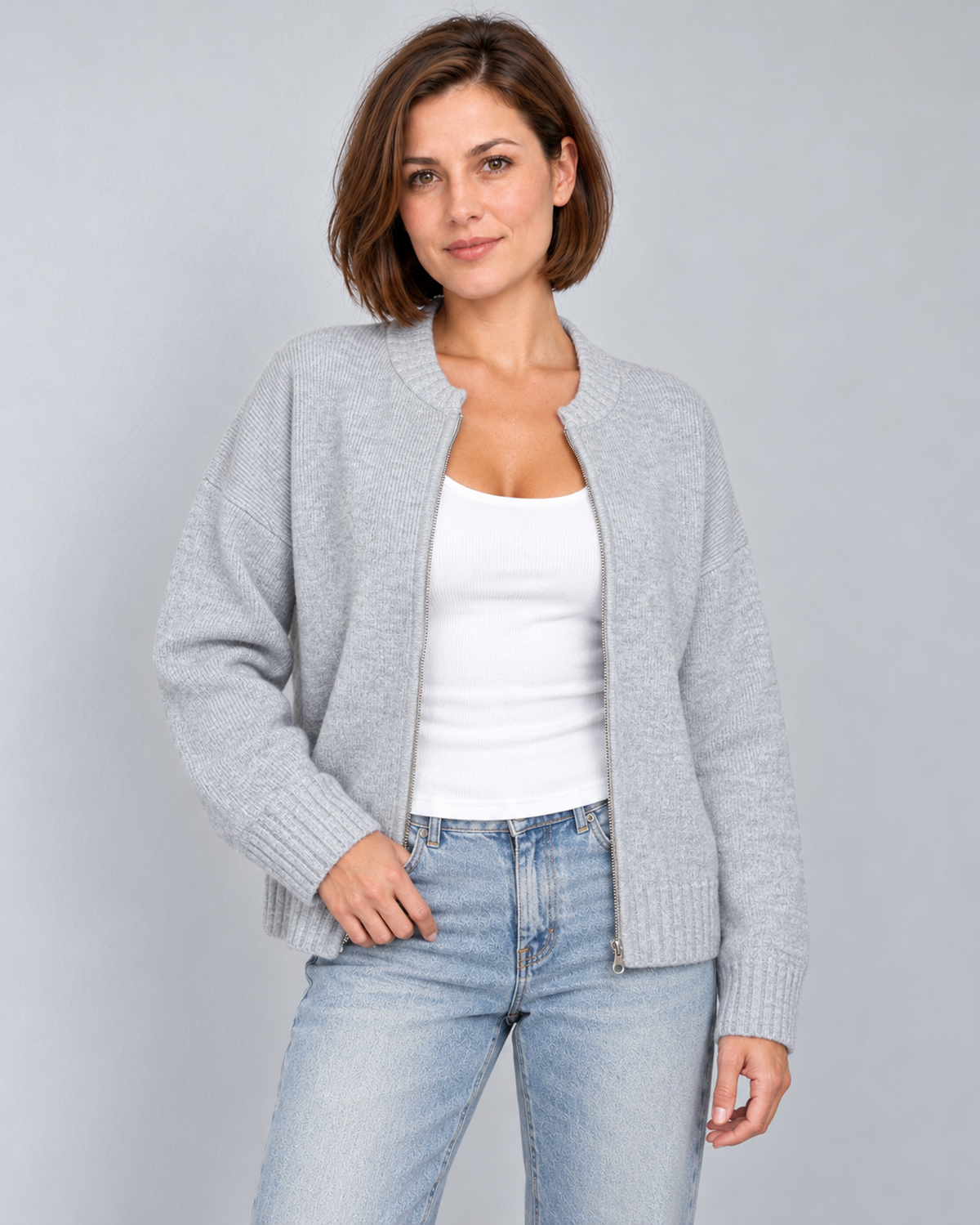 Women's drop-shoulder zip-front knit cardigan in gray, front studio view