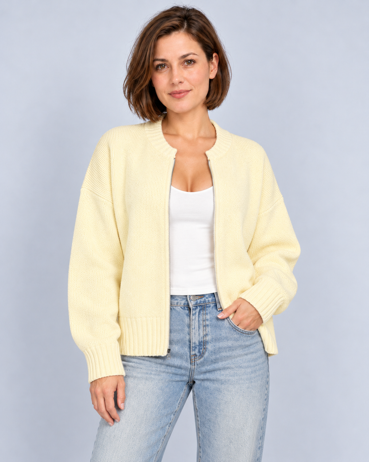Women's drop-shoulder zip-front knit cardigan in yellow, front studio view