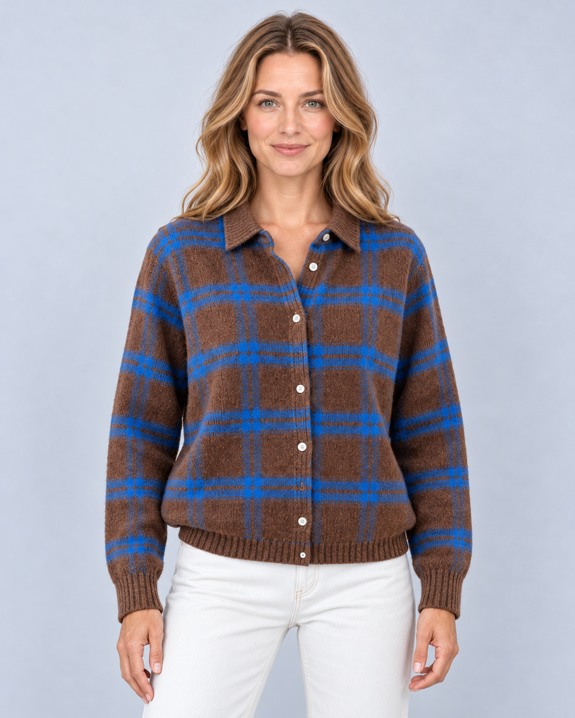 Women's plaid knit shirt-collar cardigan in Coffee Brown, button-front studio view