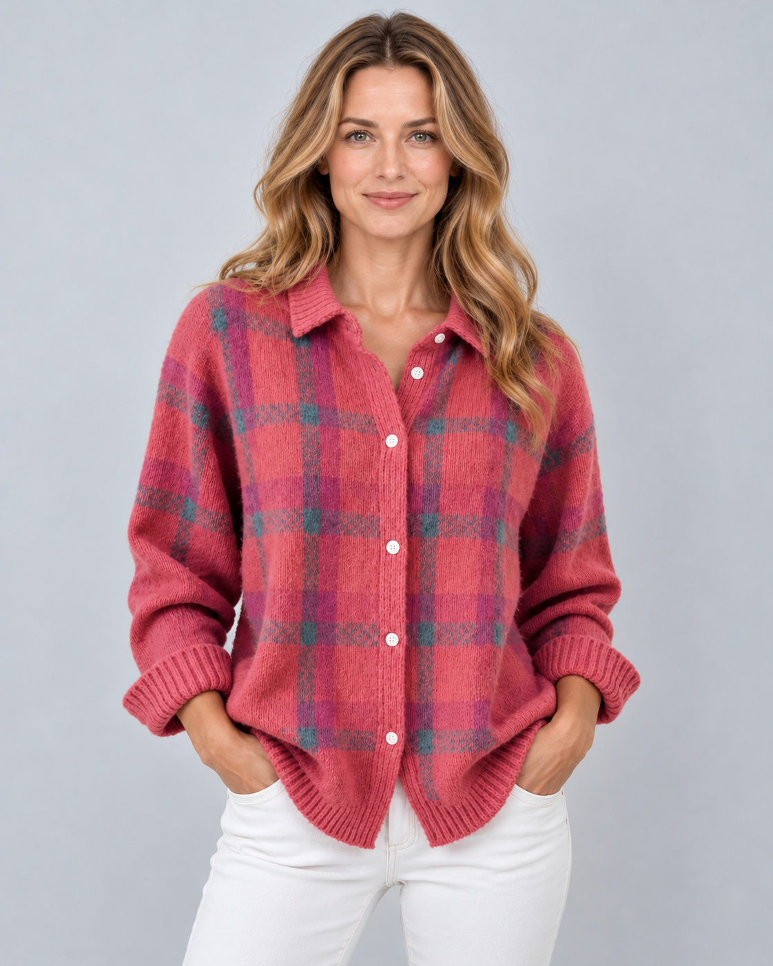 Women's plaid knit shirt-collar cardigan in Coral Pink, button-front studio view