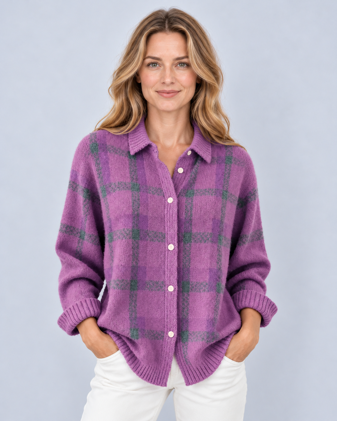 Women's plaid knit shirt-collar cardigan in Lila, button-front studio view