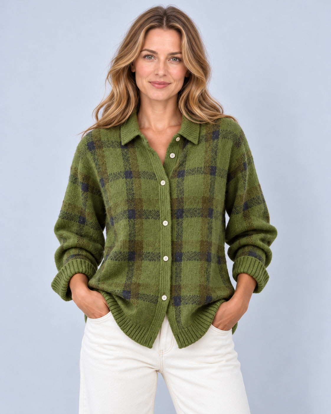 Women's plaid knit shirt-collar cardigan in Olive Green, button-front studio view