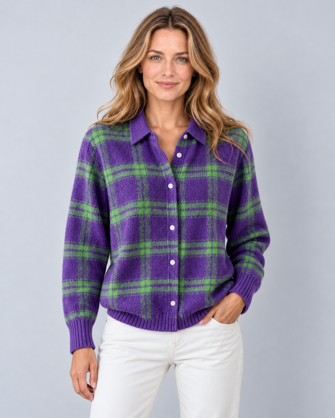 Women's plaid knit shirt-collar cardigan in Purple Green, button-front studio view