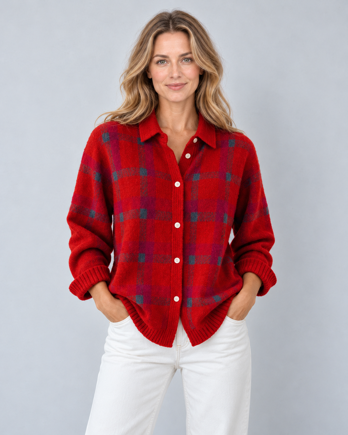 Women's plaid knit shirt-collar cardigan in Red, button-front studio view