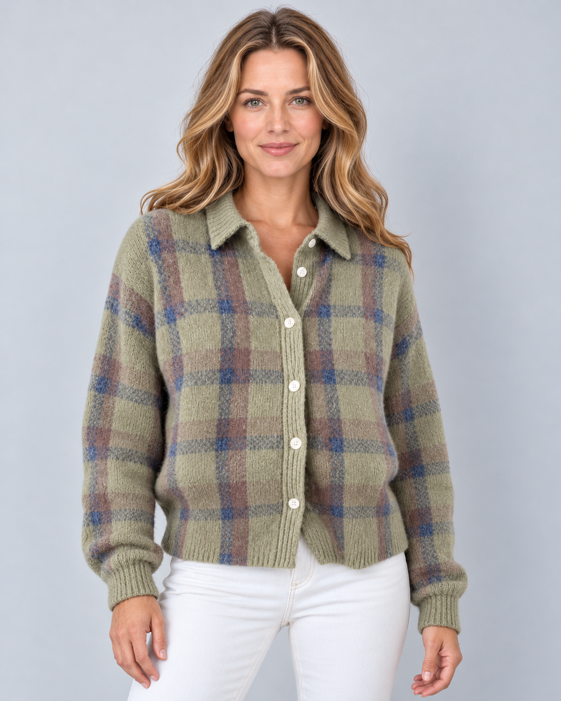 Women's plaid knit shirt-collar cardigan in Sage Multi, button-front studio view