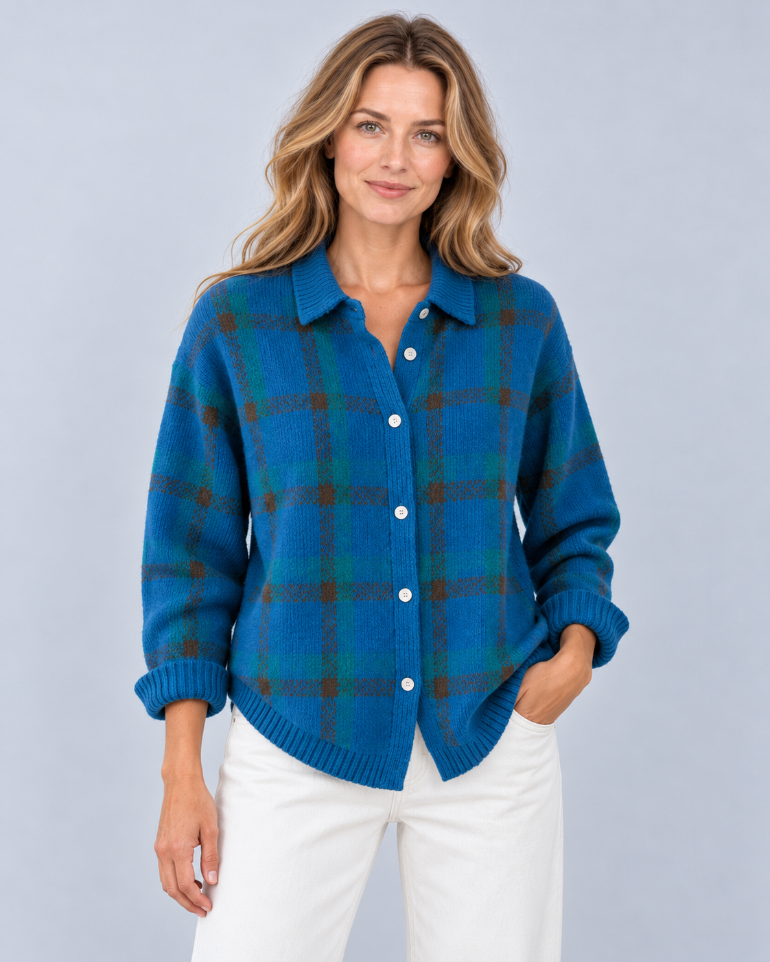 Women's plaid knit shirt-collar cardigan in Teal Green, button-front studio view