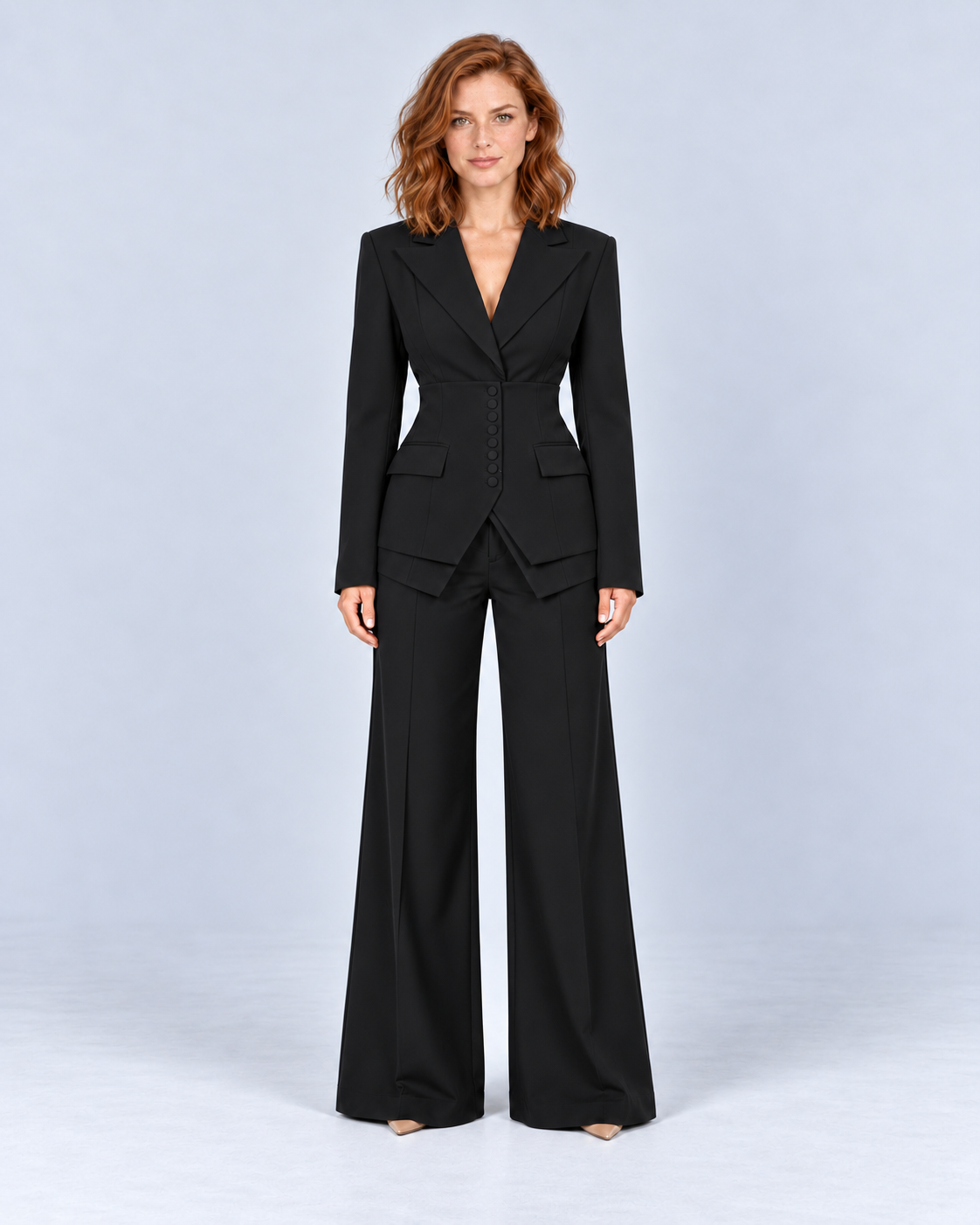 Women's tailored suit with wide-leg trousers in black, front view